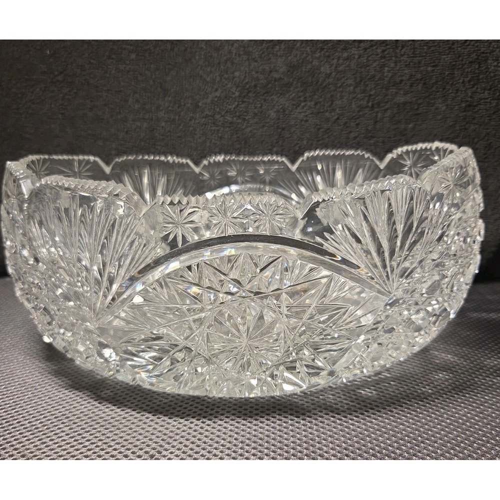 Antique American Brilliant Cut Glass Oval Bowl Star Fan Sawtooth 9" ABP Crystal
